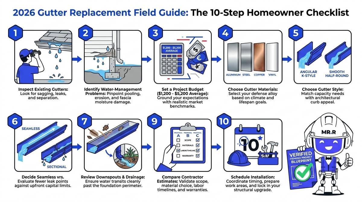A comprehensive, single-page 2026 process infographic illustrating the complete 10-step gutter replacement checklist for homeowners, from initial inspection and material selection to final contractor scheduling.